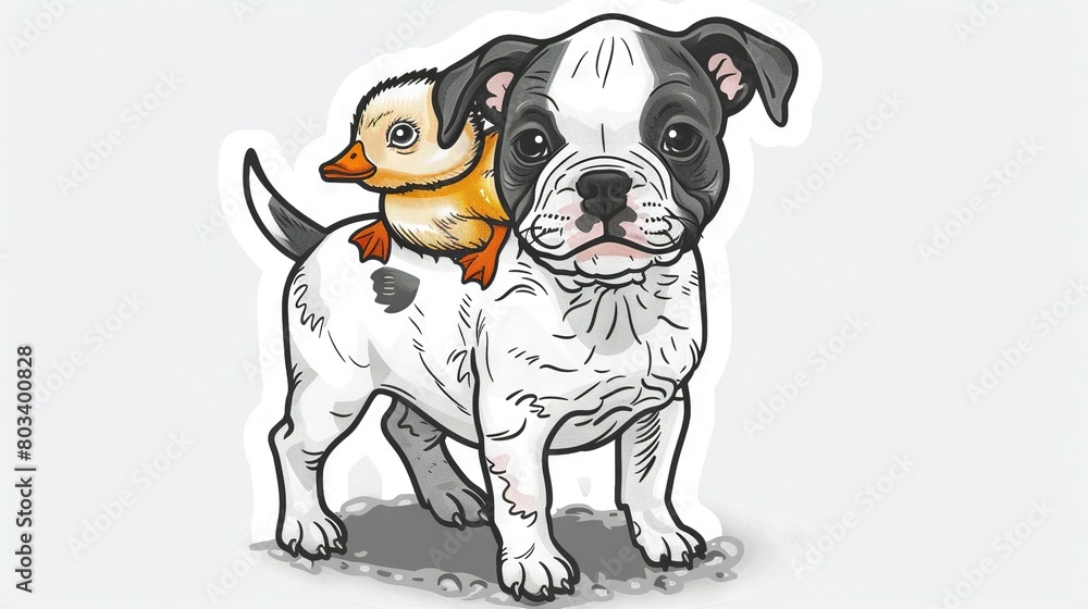Fototapeta premium A photo of a dog with a duck on its back, seated beside its owner