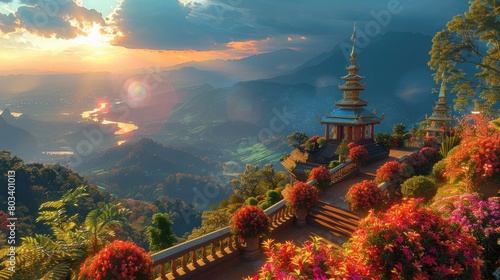 Vibrant D Rendered Sunlight Illuminating the Revered Doi Suthep Mountain Temple photo