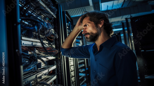 Technician with a blueprint, scratching his head while looking at a complex server cabinet.