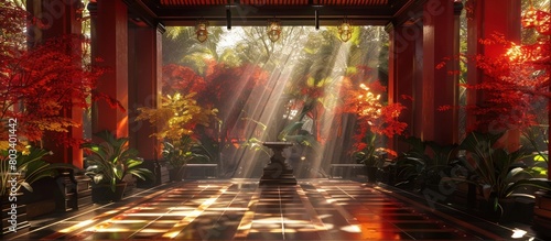 Vibrant D Rendered Sunlight Illuminating Traditional Thai Art and Architecture at Jim Thompson House photo