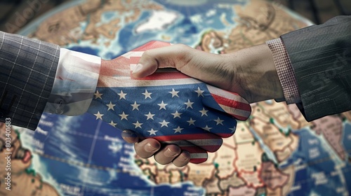 Symbolic image of two hands, one draped with the American flag and the other with the Russian flag, shaking over a globe showing both countries