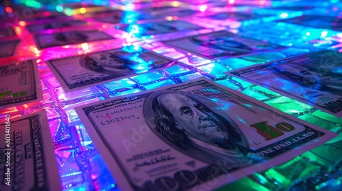 Dollar bills in neon lights. background hyper realistic  photo