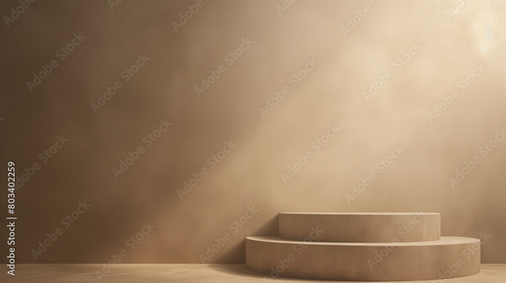 Exhibition podium for a variety of goods in light brown and peach colors background Exhibition podium for a variety of goods in light brown and peach colors background