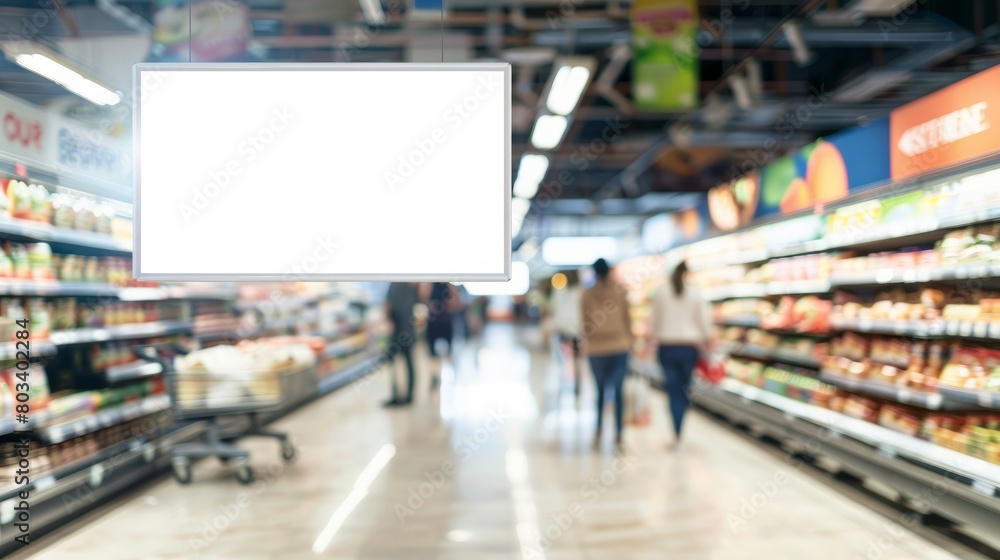 front view big white blank empty advertising mockup for advertising in the supermarket with blur people in motion hyper realistic 