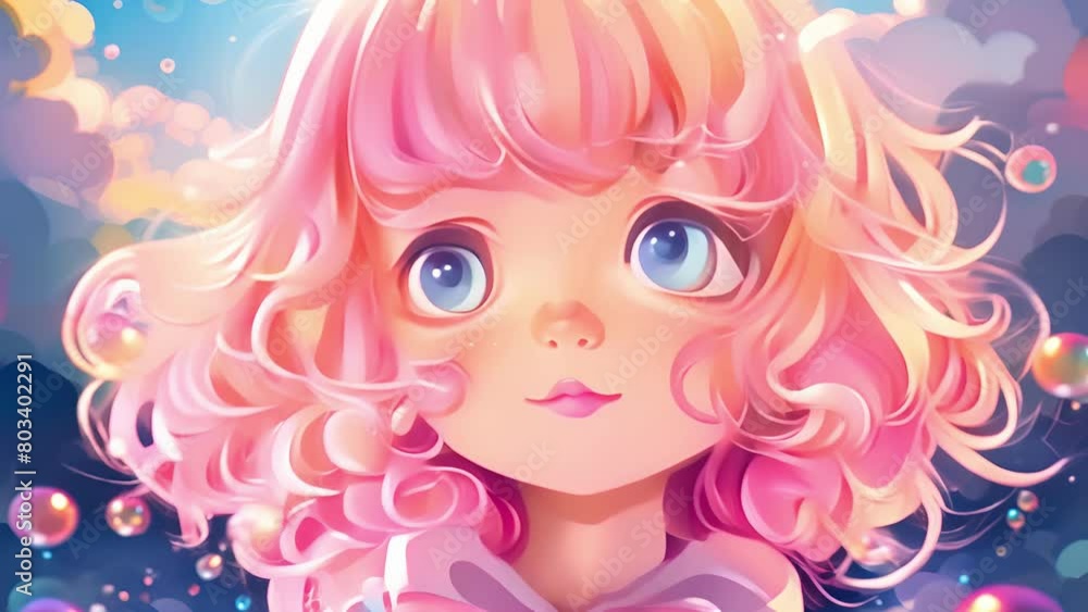 Anime young girl surrounded by colorful bubbles. Dreamy art of a child in a whimsical setting. Fantasy fairyland of dreams. Concept of childhood wonder, fairytale, and playful imagination. Motion Anime young girl surrounded by colorful bubbles. Dreamy art of a child in a whimsical setting. Fantasy fairyland of dreams. Concept of childhood wonder, fairytale, and playful imagination. Motion