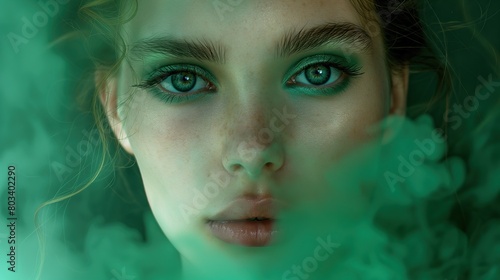 The face of a beautiful girl with makeup who is enveloped in smoke of different colors