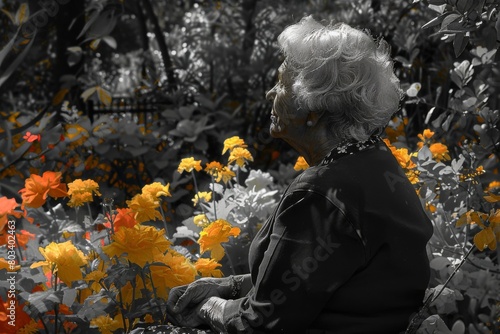 Elderly woman sits peacefully on a bench, surrounded by a once colorful garden, becoming gray, dementia. Alzheimer, cognitive function loss 