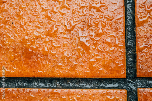 Rain falling on the orange tiles of the terrace