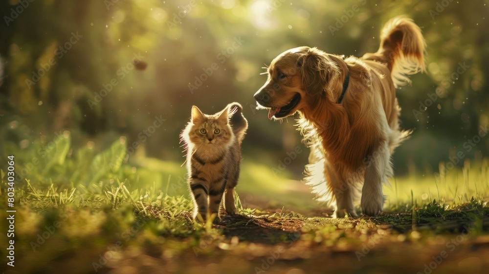 Happy golden retriever dog walking with a cute cat on a green field with natural sunlight hyper realistic 