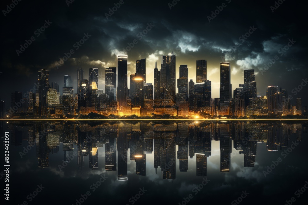 Stormy City Skyline Reflection