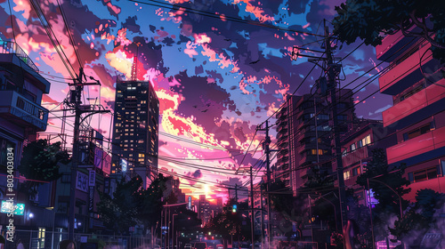 Wallpaper Mural synth wave city in anime manga style, lofi vibes, morning sunrise Torontodigital.ca