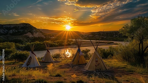 tipis at sunset in the prairie. AI generated illustration