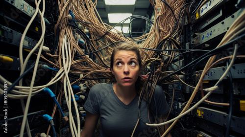 A bewildered technician faces a chaotic jumble of network cables in a server room.