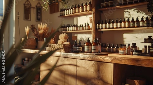 trendy ecological products neatly arranged on a minimalist display shelf in a sustainable lifestyle store.