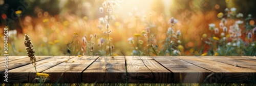 an empty wooden tabletop serves as a backdrop for product display against a blurred spring background
 photo