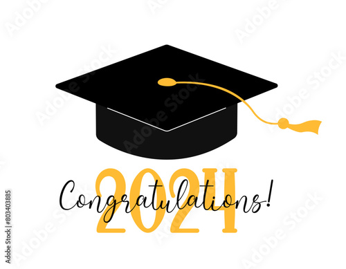 Graduation 2024 Congratulations text greeting card, poster. Vector flat illustration. Black color academic cap and golden 2024 numbers on white background. Mortarboard graduate symbol