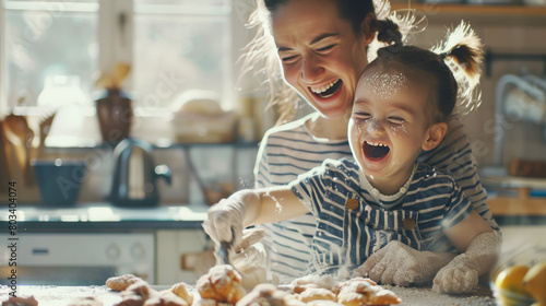 A mother and her child baking cookies in a bright kitchen photo