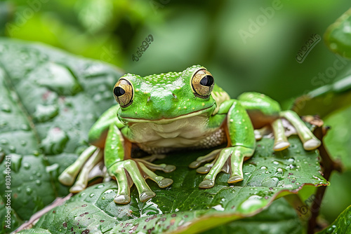 A close-up of a green tree frog perched on a leaf. © colors