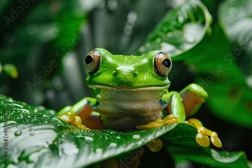 A close-up of a green tree frog perched on a leaf.