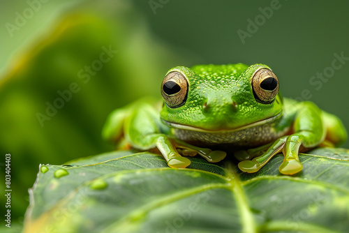 A close-up of a green tree frog perched on a leaf.