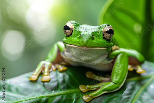 A close-up of a green tree frog perched on a leaf.