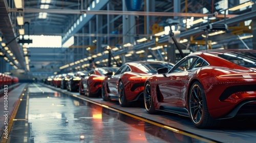 Mass production assembly line of modern cars in a busy factory hyper realistic 