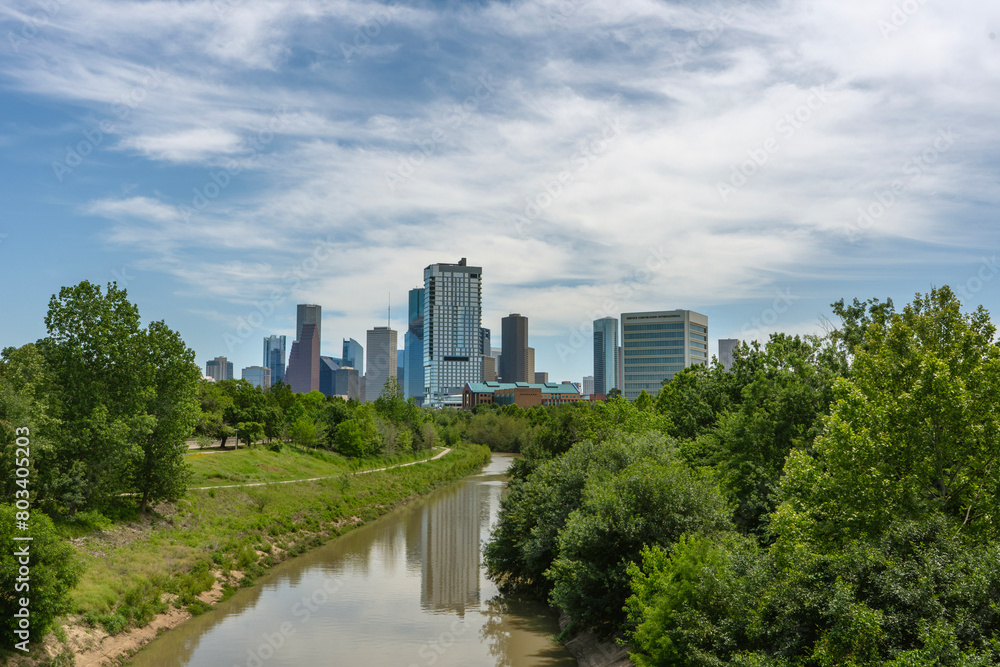 Houston, Texas, city skyline, Rosemont Bridge view, Buffalo Bayou, Urban vacation destination. Green spaces.