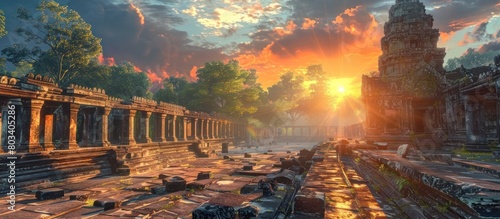 Vibrant Sunlight Illuminating Colorful Khmer Temple Complex at Phimai Historical Park Thailand photo