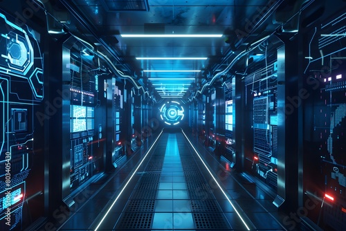 Futuristic server room corridor with illuminated digital panels and target symbol at the end. Cybersecurity and advanced technology concept. Suitable for design about data protection and network infra photo