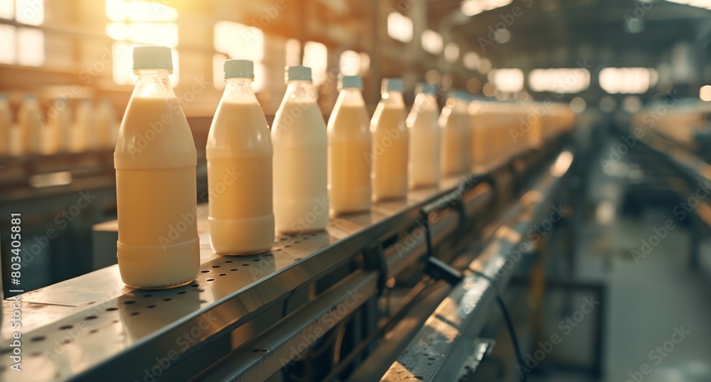a line of bottles of milk on a conveyor belt in a factory
