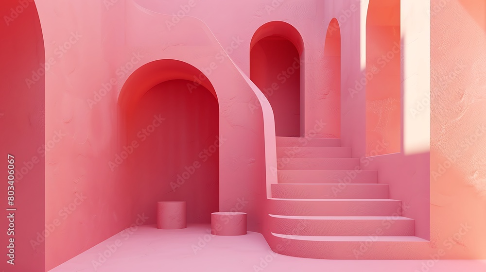 Geometric shape composition with stair and arch on pink background Geometric shape composition with stair and arch on pink background