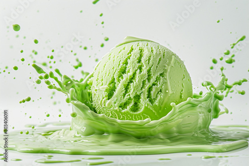 A mesmerizing composition of a levitating green ice cream scoop with a splash, isolated against a white backdrop. © Faisu