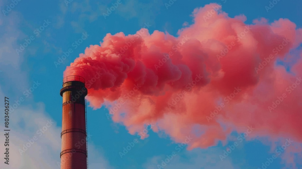 Industrial chimney emitting pink smoke against blue sky Industrial chimney emitting pink smoke against blue sky