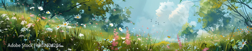 Spring Meadow with Flowers and Butterflies Banner