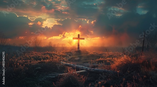 a cross in the middle of a field with a sky background at sunset