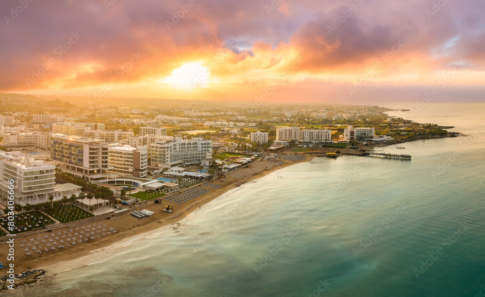 Fig Tree Bay in Protaras, Cyprus captures a stunning sunset over the Mediterranean. 