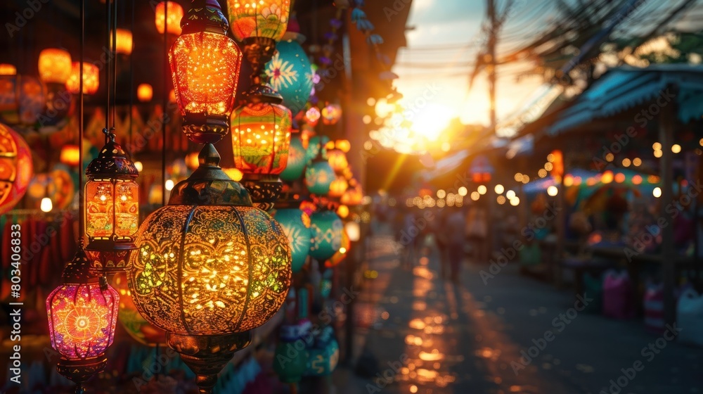 Vibrant Thong Sala Night Market Illuminated by D Rendered Sunlight