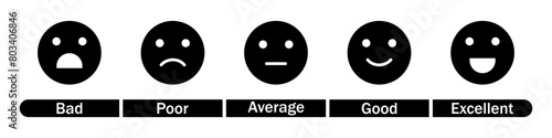 Feedback rating emojis vector icon set in black and white color. Set of feedback rating emojis icons. Excellent, good, neutral, bad and very bad emojis. Vector illustration.