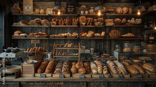 Various types of delicious bread on the shelves of the bakery. Delicatessen, home-made bread, prepared in the traditional way.