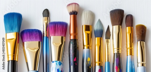 A collection of fine art brushes, their bristles still marked with the vibrant colors of paint, laid out against a stark, minimalist white presentation background.