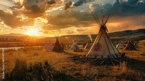 tipis at sunset in the prairie. AI generated illustration photo