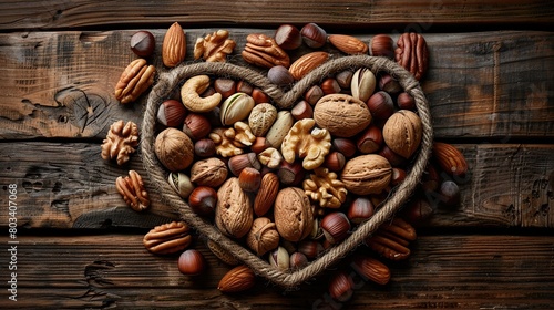 Assortment of nuts on a wooden table in a heart-shaped container on dark stone table