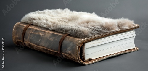 A luxurious, fur-lined leather journal, its pages untouched and inviting, set against a sophisticated, charcoal gray presentation background. photo