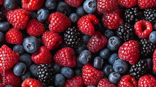   Raspberries  blueberries  and other fruits are tightly arranged in a close-up photograph