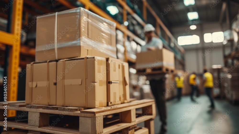 Logistics warehouse workers using forklifts to move pallets Logistics warehouse workers using forklifts to move pallets