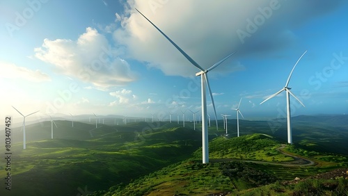 Capturing the picturesque sight of wind turbines producing electricity in a wind farm. Concept Renewable Energy, Wind Turbines, Green Technology, Sustainable Power Generation