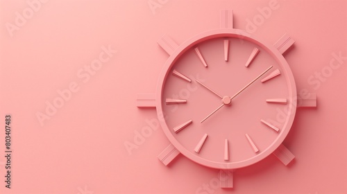 A minimalist, modern clock with sleek hands and markers, positioned perfectly against a soft, pastel pink presentation background.