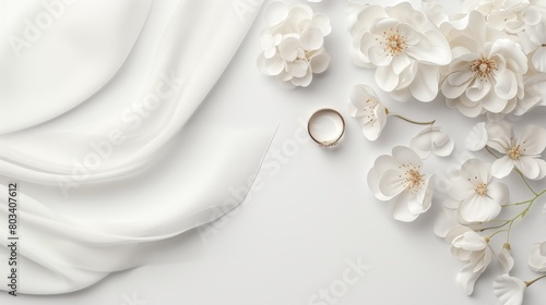 White wedding card adorned with minimalist floral motifs and a polished wedding ring