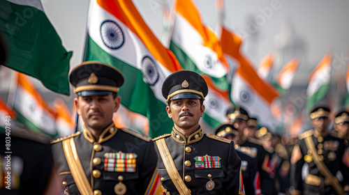 Indian Army Officers in Uniform with National Flags at Parade
