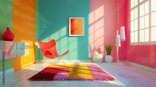 The room has white floor pink green and blue wall yellow and orange stait furnished with red chair photo